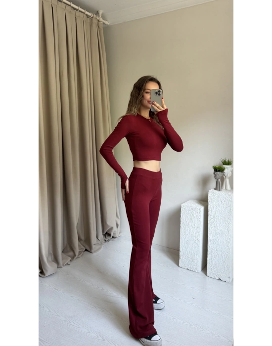 Bordo Modal Parmak Geçirmeli Tayt Takım