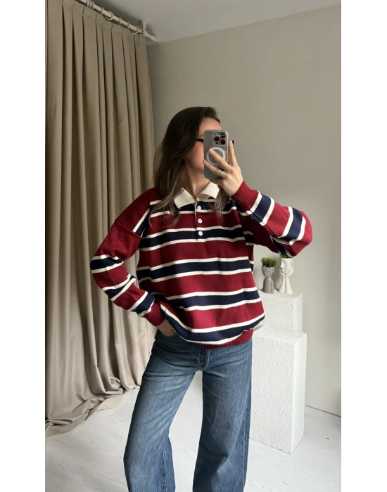 Bordo Polo Yaka Çizgili Kazak