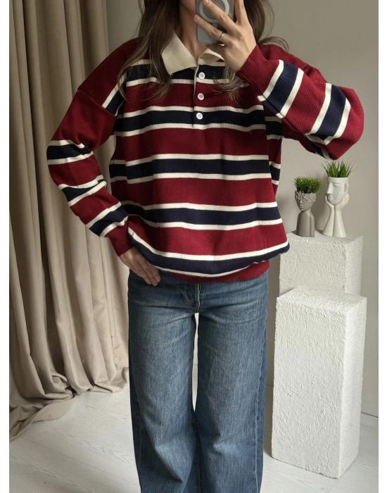Bordo Polo Yaka Çizgili Kazak