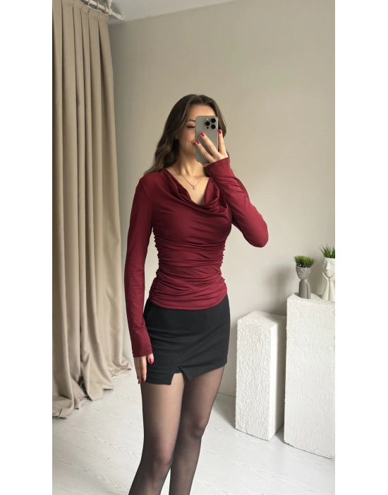 Bordo Şal Yaka Büzgülü Bluz