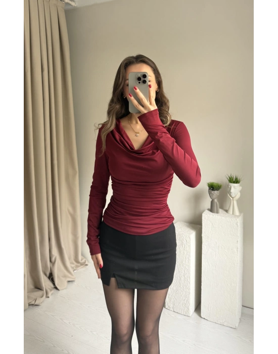 Bordo Şal Yaka Büzgülü Bluz