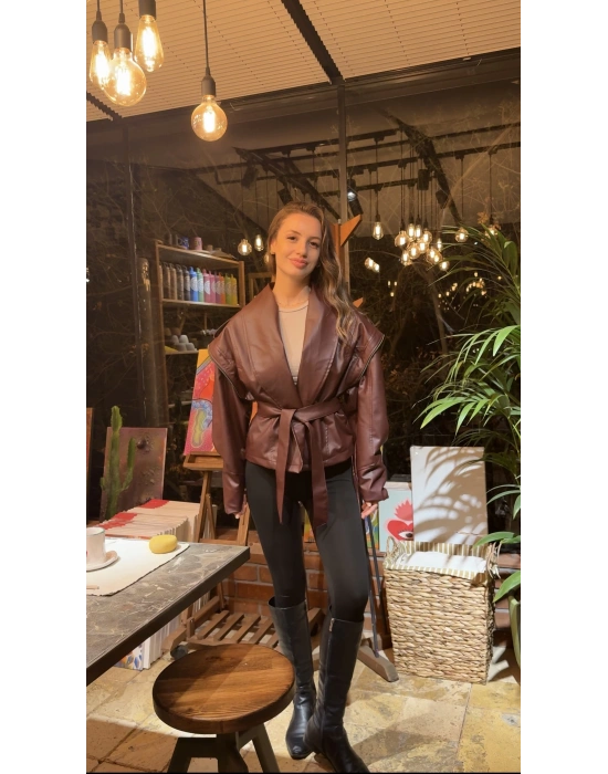 Bordo Tasarım Kuşaklı Deri Ceket