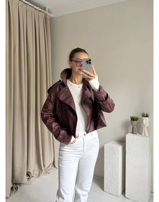 Bordo Yakalı Deri Ceket