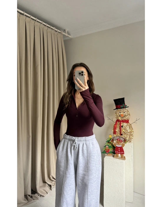 Bordo Yarım Fermuarlı Bodysuit