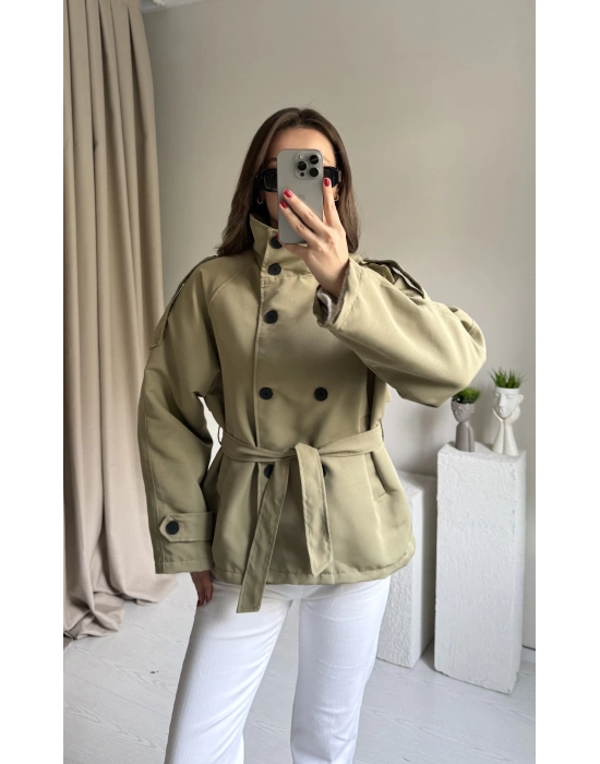 Çağla Yeşili Dik Yaka Trençkot
