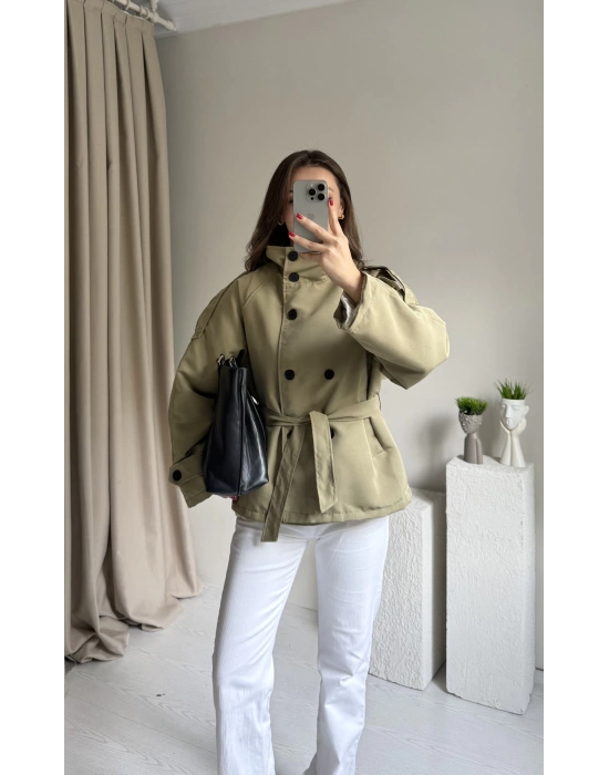 Çağla Yeşili Dik Yaka Trençkot