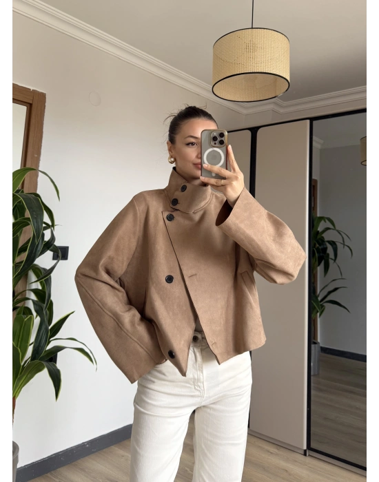 Camel Süet Dik Yaka Trençkot