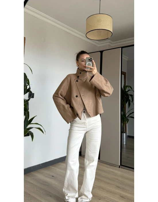Camel Süet Dik Yaka Trençkot