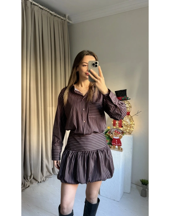 Çizgili Şort Etekli Gömlek Takım