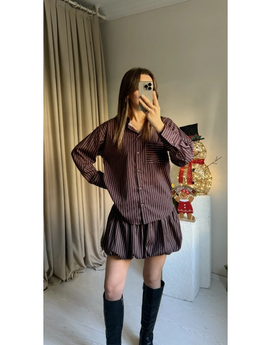 Çizgili Şort Etekli Gömlek Takım