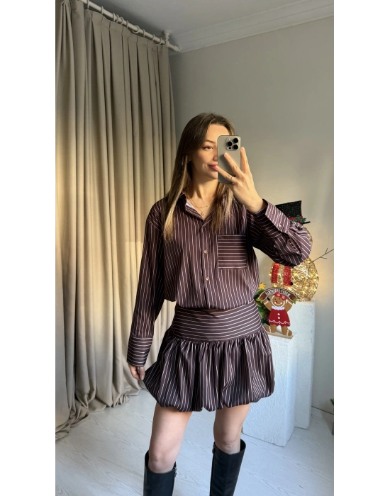 Çizgili Şort Etekli Gömlek Takım