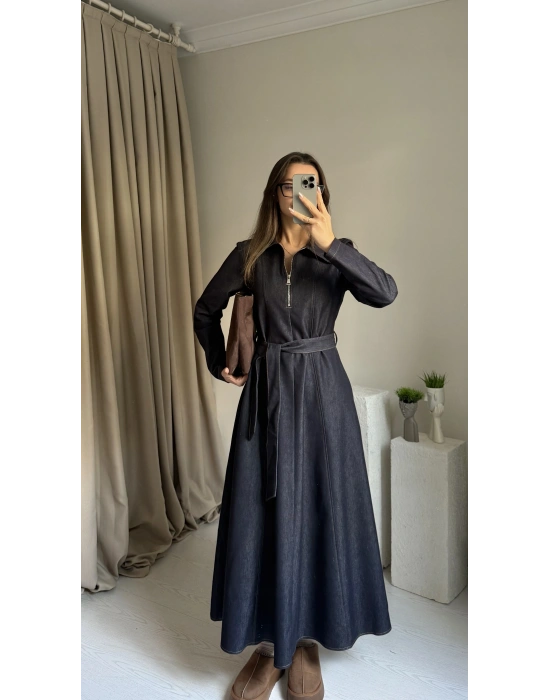 Denim Maxi Boy Kuşaklı Elbise