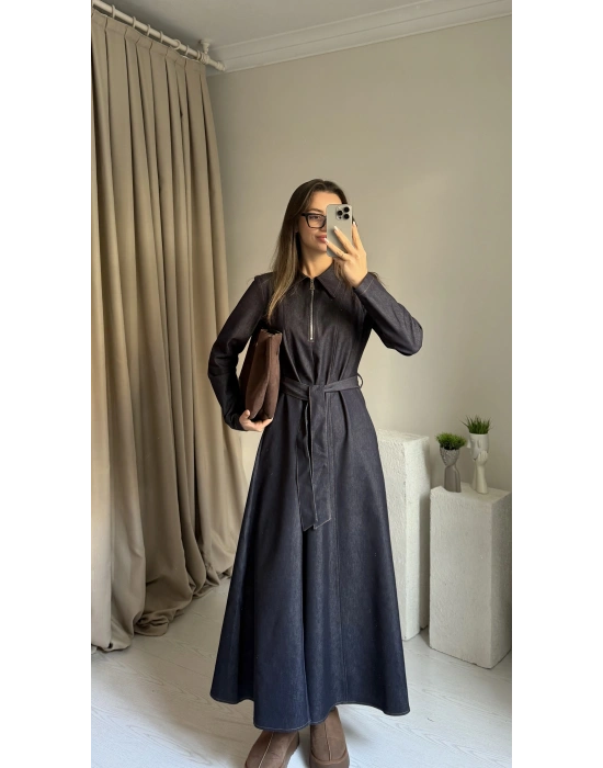 Denim Maxi Boy Kuşaklı Elbise