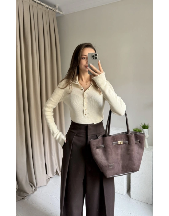 Ekru Çıtçıtlı Triko Premium Kazak