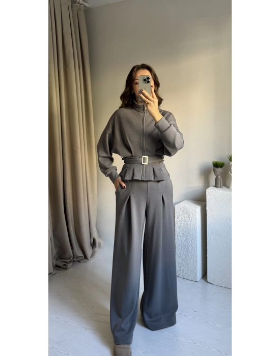Gri Beli Kemerli Premium Kumaş Takım
