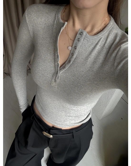 Gri Çıtçıtlı Kaşkorse Bluz