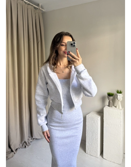 Gri Hırka Elbise İkili Takım