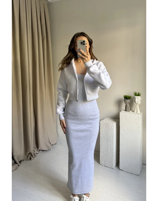 Gri Hırka Elbise İkili Takım