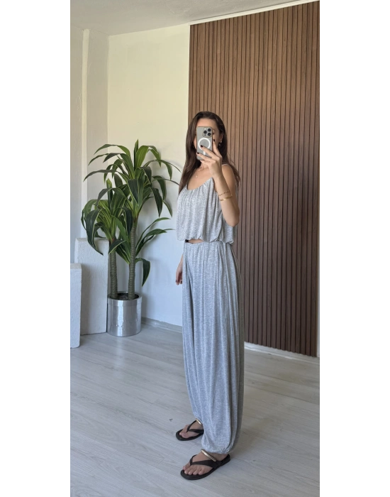 Gri İp Askılı Şalvar Takım
