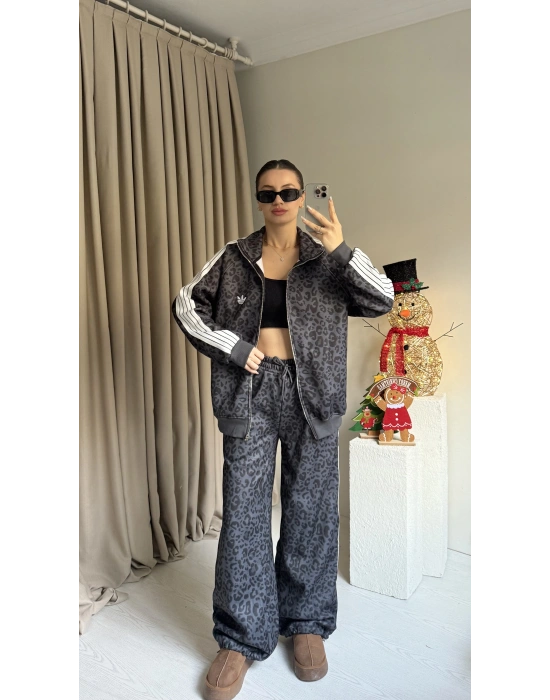 Gri Leopar Hırka Eşofman Takım
