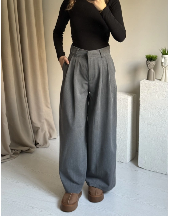 Gri Muadil Çift Pileli Pantolon