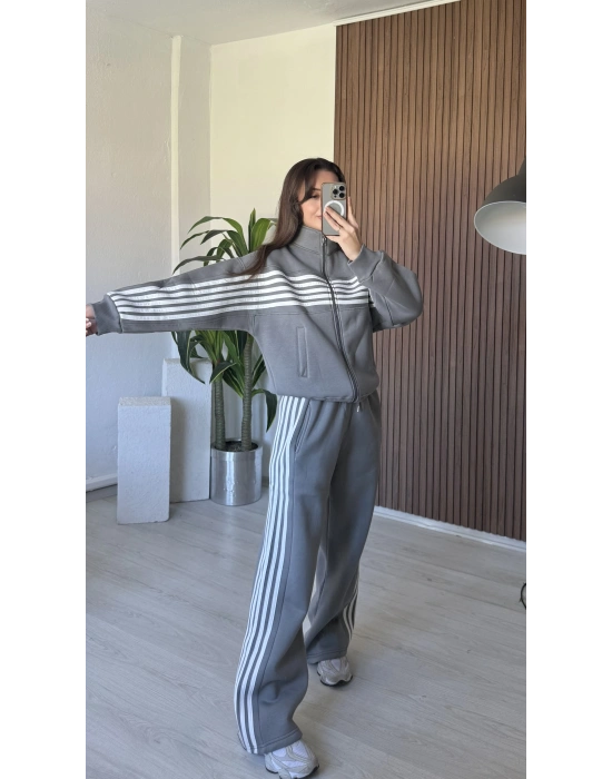 Gri Üç Çizgi Şardonlu Takım