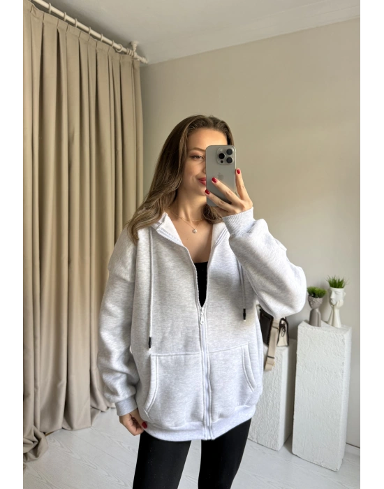 Gri Unısex Basic Kapüşonlu Hırka