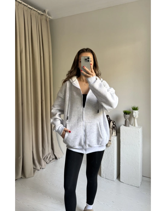 Gri Unısex Basic Kapüşonlu Hırka