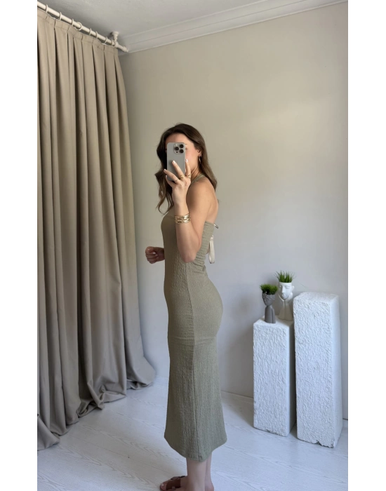 Haki Boyundan Askılı Maxi Elbise