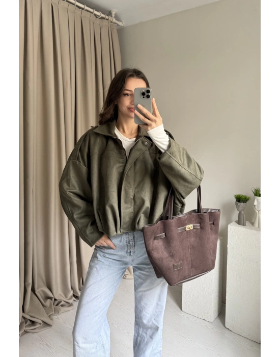 Haki Pileli Süet Ceket