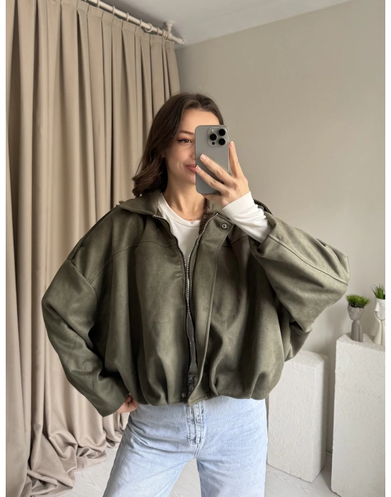 Haki Pileli Süet Ceket