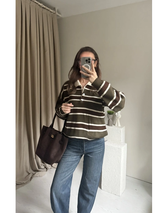 Haki Polo Yaka Çizgili Kazak