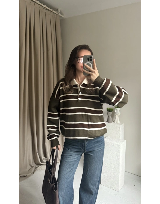 Haki Polo Yaka Çizgili Kazak