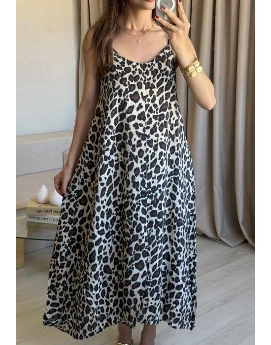 İnce Askılı Açık Renk Leopar Elbise