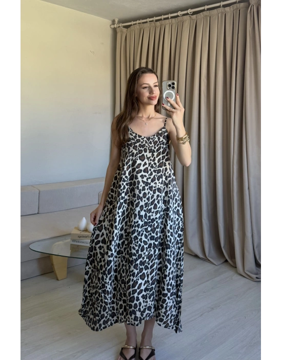 İnce Askılı Açık Renk Leopar Elbise