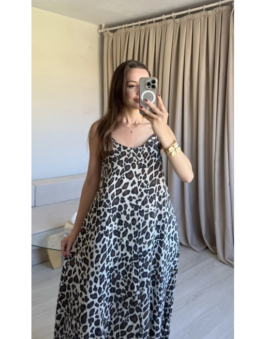 İnce Askılı Açık Renk Leopar Elbise