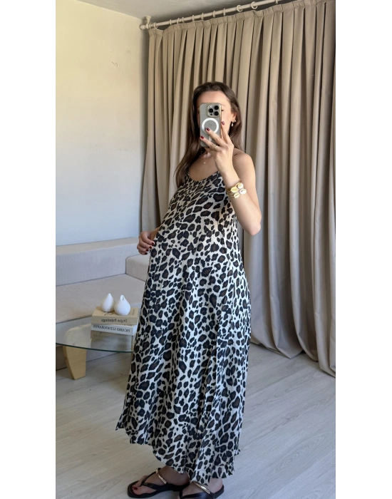 İnce Askılı Açık Renk Leopar Elbise
