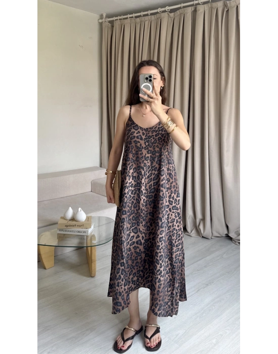 İnce Askılı Leopar Elbise