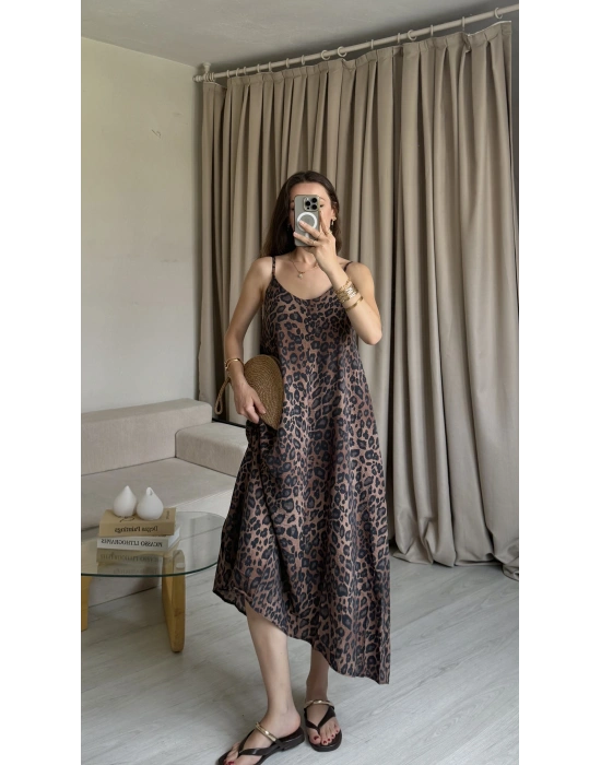 İnce Askılı Leopar Elbise