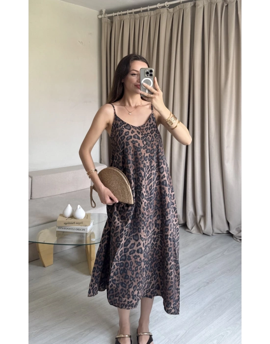 İnce Askılı Leopar Elbise