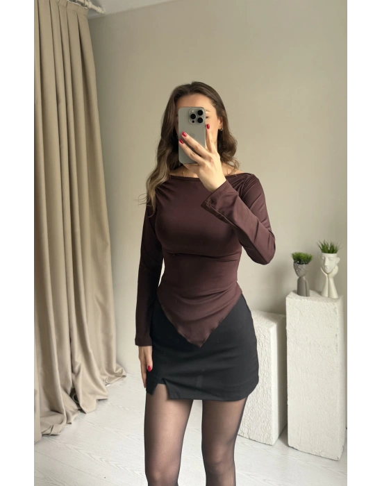 Kahve Asimetrik Kesim Bluz