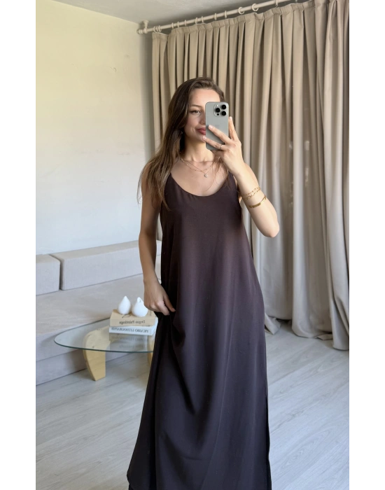 Kahve Ayrobin Maxi Boy Askılı Elbise