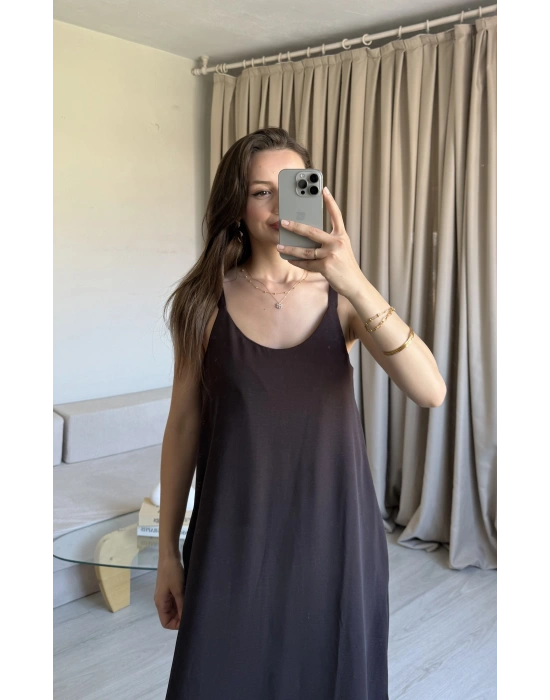 Kahve Ayrobin Maxi Boy Askılı Elbise