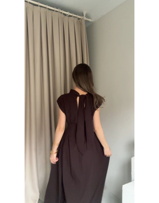 Kahve Bel Detaylı Vatkalı Elbise