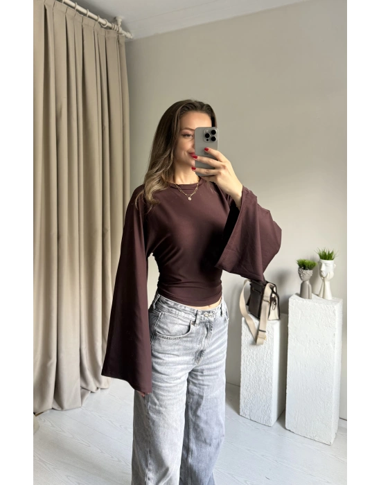 Kahve Belden Oturtmalı Yarasa Kol Bluz