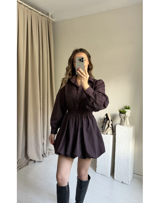 Kahve Beli Lastikli Balon Elbise