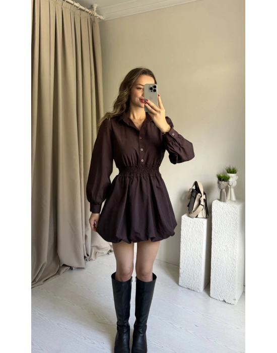 Kahve Beli Lastikli Balon Elbise