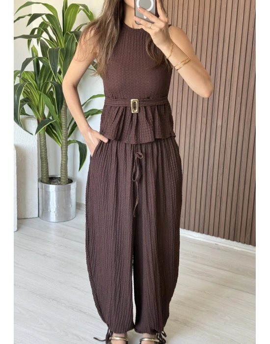 Kahve Bubble Kumaş Şalvar Takım