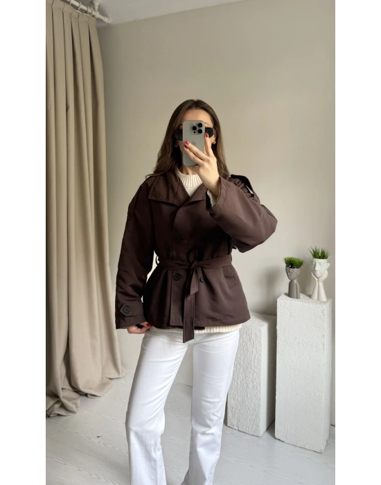 Kahve Dik Yaka Trençkot