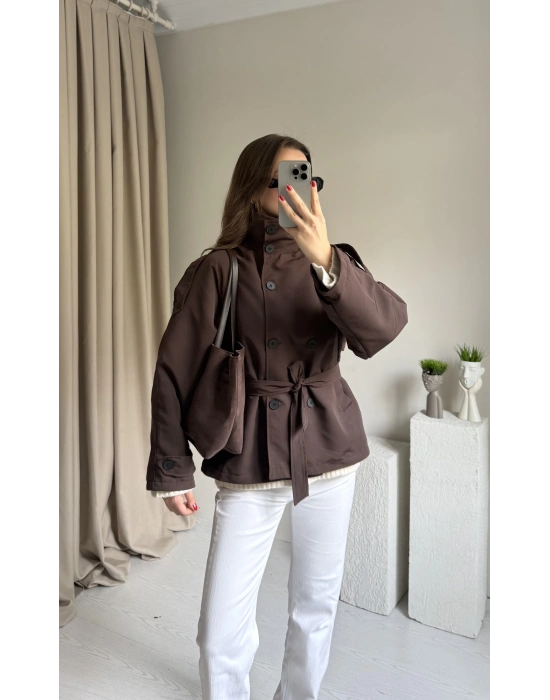 Kahve Dik Yaka Trençkot